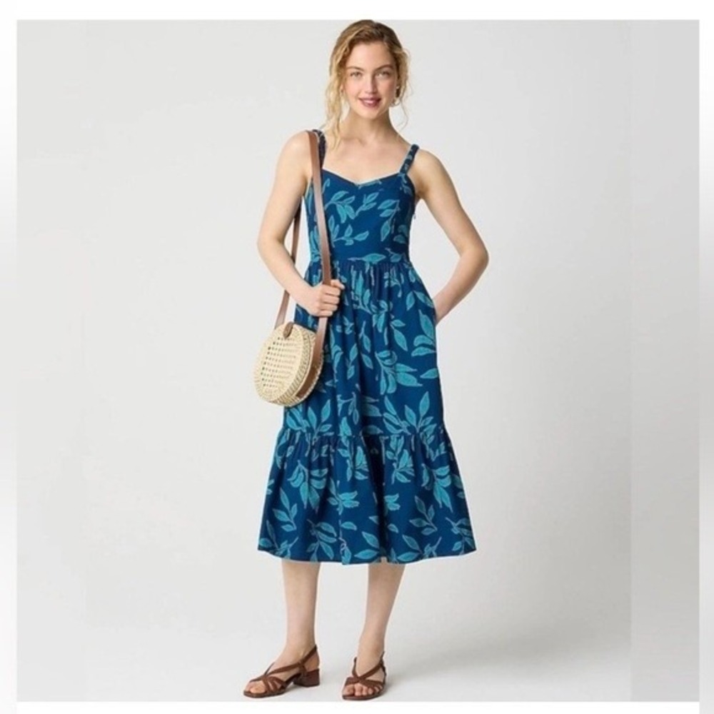 J.Crew Tiered Midi Dress Women 12T Navy Teal Leaf Print Cotton Smocked Pockets